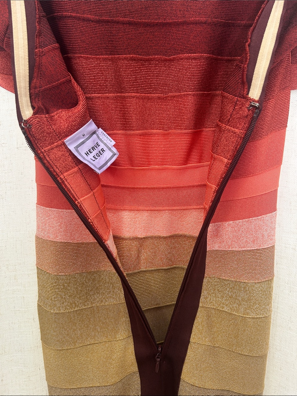 Herve Leger Signature Bandage Striped Ombre Dress in Burgundy, Coral & Tan - Picture 13 of 15